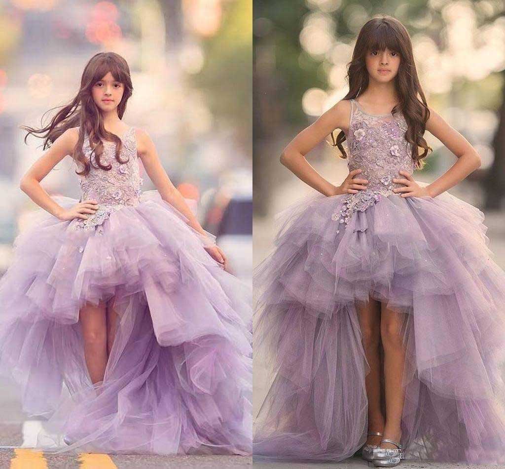 

New Girls Pageant Dresses Princess Tulle High Low Length Lace Appliques Lilac Kids Flower Girls Dress Ball Gown Cheap Birthday Gowns, Same as image