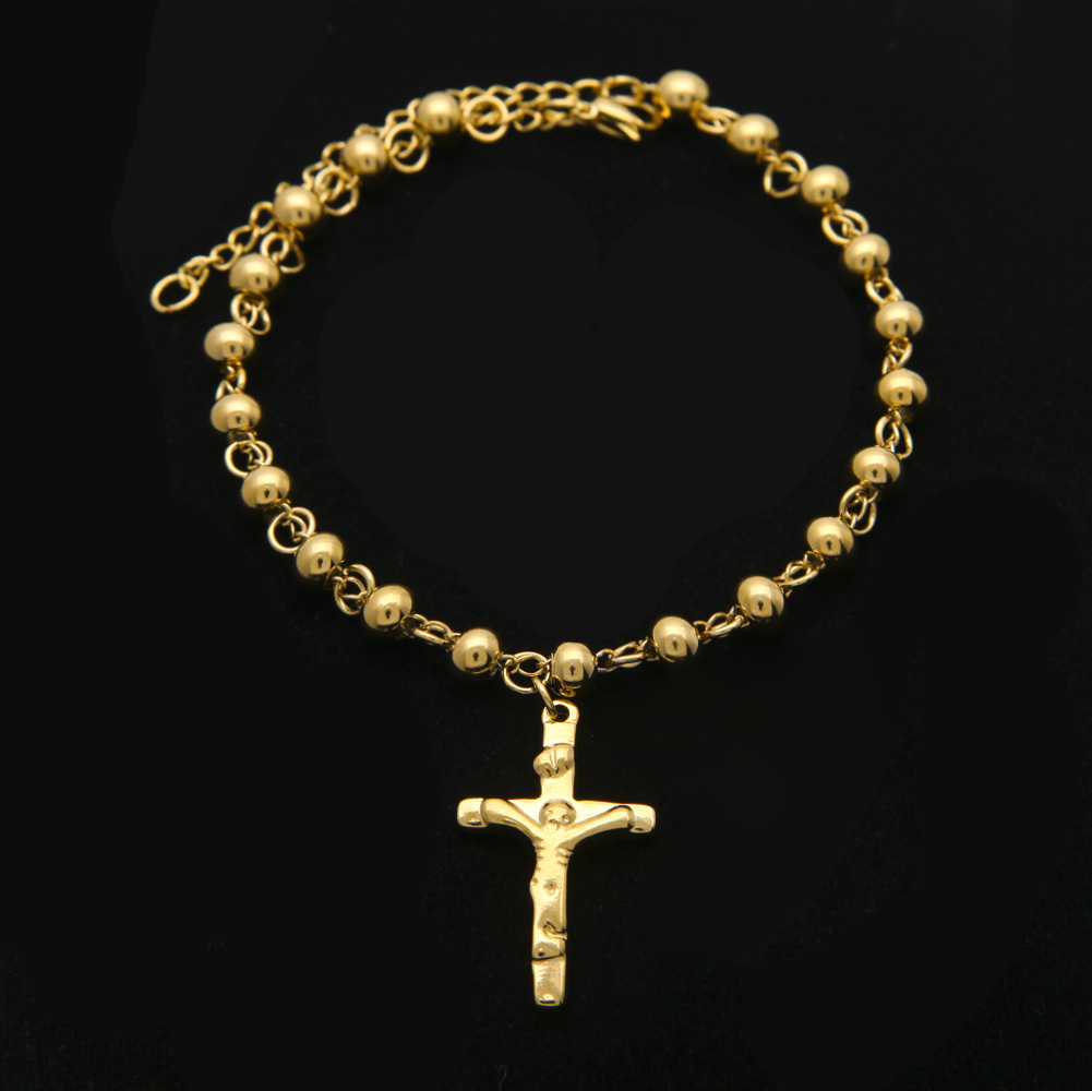 

Religious Stainless Steel Gold Plated 6mm/8mm Beaded Rosary Cross Charm Bracelet for Men Women 8.26