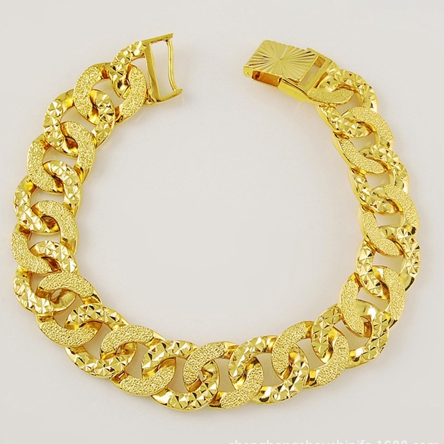 Patterned Wrist Chain 24k Solid Yellow Gold Filled Womens Mens Bracelet Link Chain 8.4" Long-image-269242226