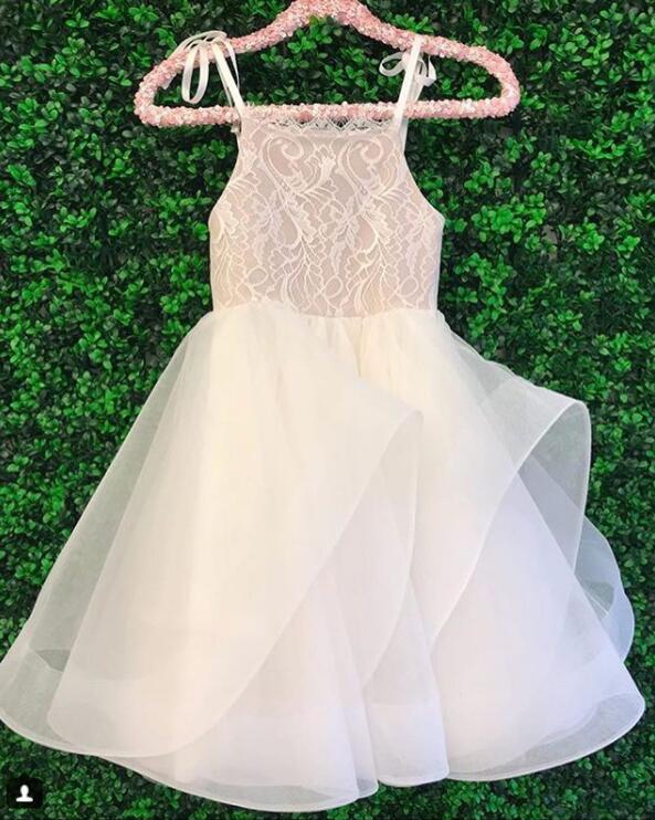 

Hot Selling Sleeveless Cute Spaghetti Straps Lace Organza Flower Girl Dresses for Wedding Party Kid's Gowns, Silver
