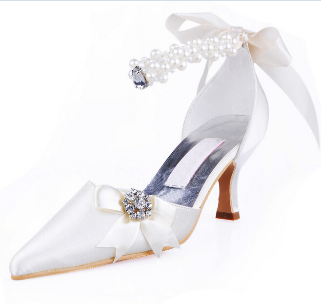 white satin low heel bridal shoes