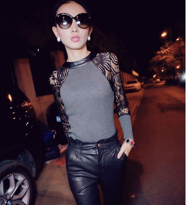 

2014 New Arrival Sexy Black Lace Patchwork Knitted Sweater Pullover For Women O-Neck Shirts blouse Slim