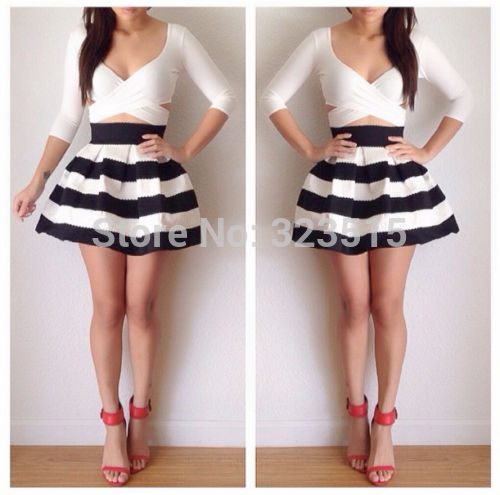 

FG1511 2014 hot sales 2 piece set women skirt top Black White Wide Striped Bandage Skater Skirt +Shirt Casual Party Top Blouse, Beige