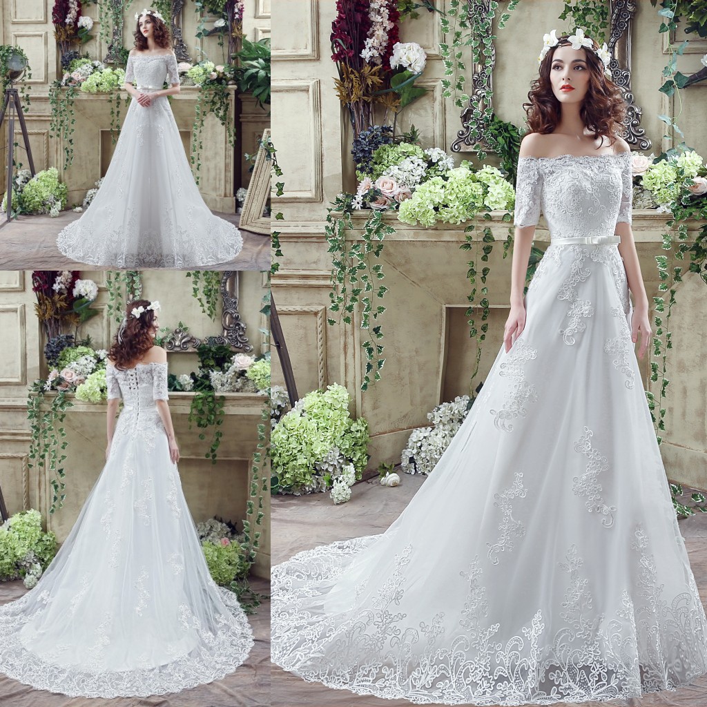 

Elegant half Sleeve Wedding Dresses 2018 Sexy off Shoulder In Stock Ribbon Applique Lace Vintage Bridal Gowns Real picture, Ivory