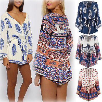 FG1511 Sexy Women Boho Loose Floral Deep V Jumpsuit Rompers Summer Long Sleeve-image-266095201
