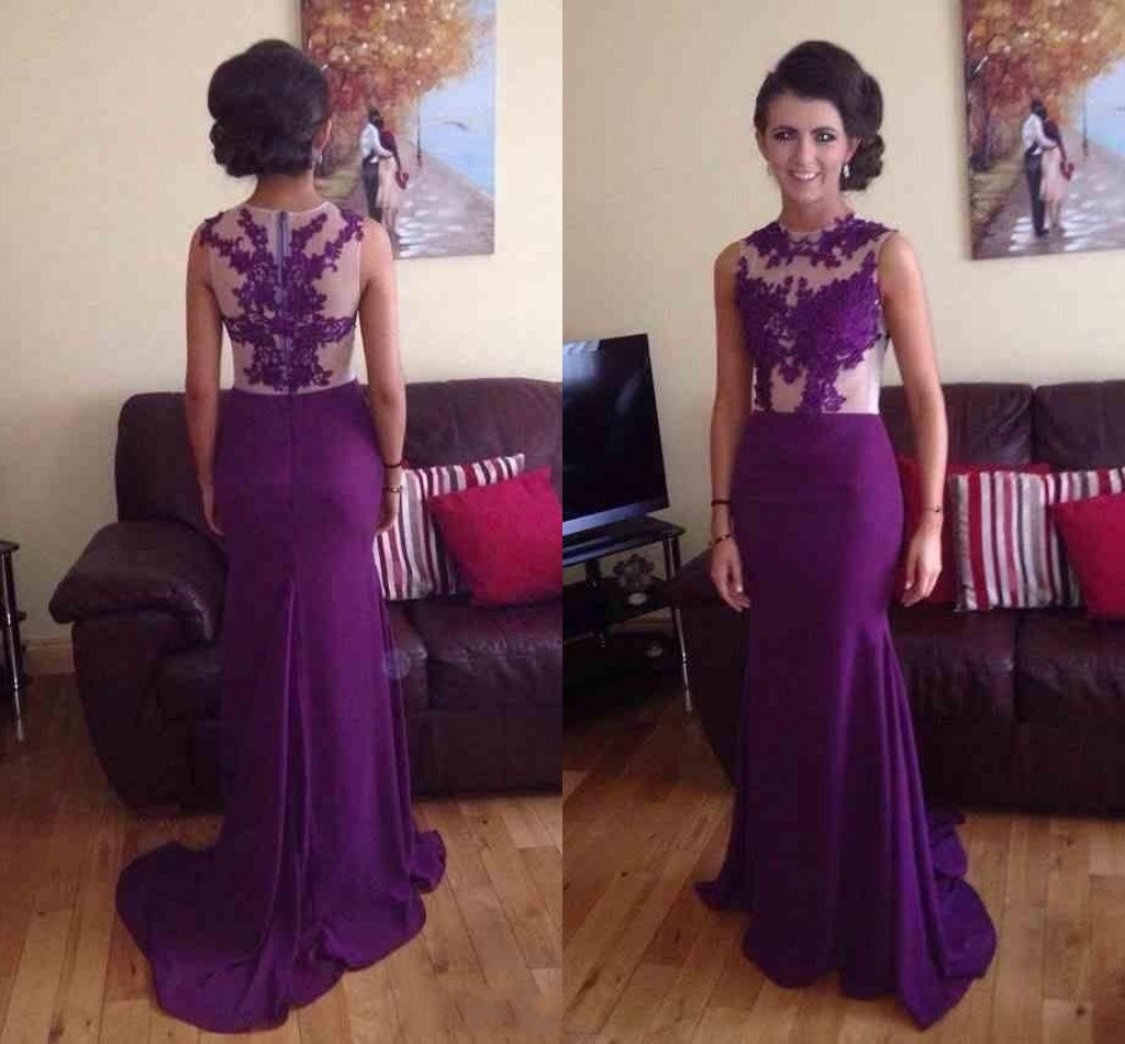 

2015 Purple Sheer Neck Prom Dresses With Applique Lace Sweep train Mermaid Party Evening Dress Pagaent Gowns Vestidos De Fiesta, Black