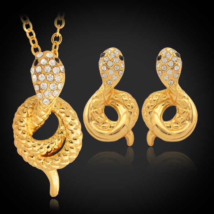 18K Real Gold Platinum Plated Special Snake Pendant Earrings Element Rhinestone Crystal Choker Necklace Jewelry Set-image-166971793