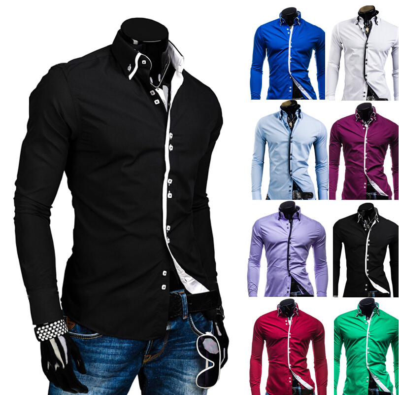 

2016 New Autumn&Spring Men's Fashion Double Collar Access Hit Color Leisure Square Buckle Long Sleeved Shirts A8692, Black
