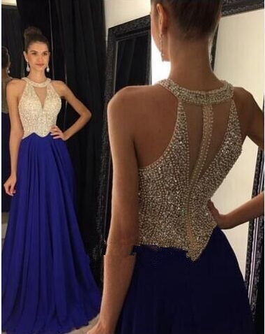 

Royal Blue Beaded Collar Evening Dresses 2018 halter Sweep Train keyhole neck Luxury Vestidos de Festa Chiffon Formal Prom Party Gowns, Hunter