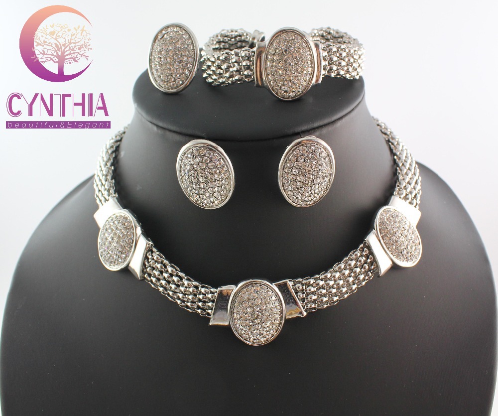 Classical Design Silver Plated Clear Rhinestone Necklace Bracelet Earring Ring Set Wedding Jewellery Bridal Jewelry Set WB