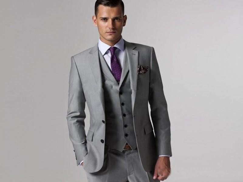 

High Quality Light Gray Wedding Suits Wedding Tuxedos (Jacket+Pants+Vest) Bridegroom Grom Wear Custom Made, Black