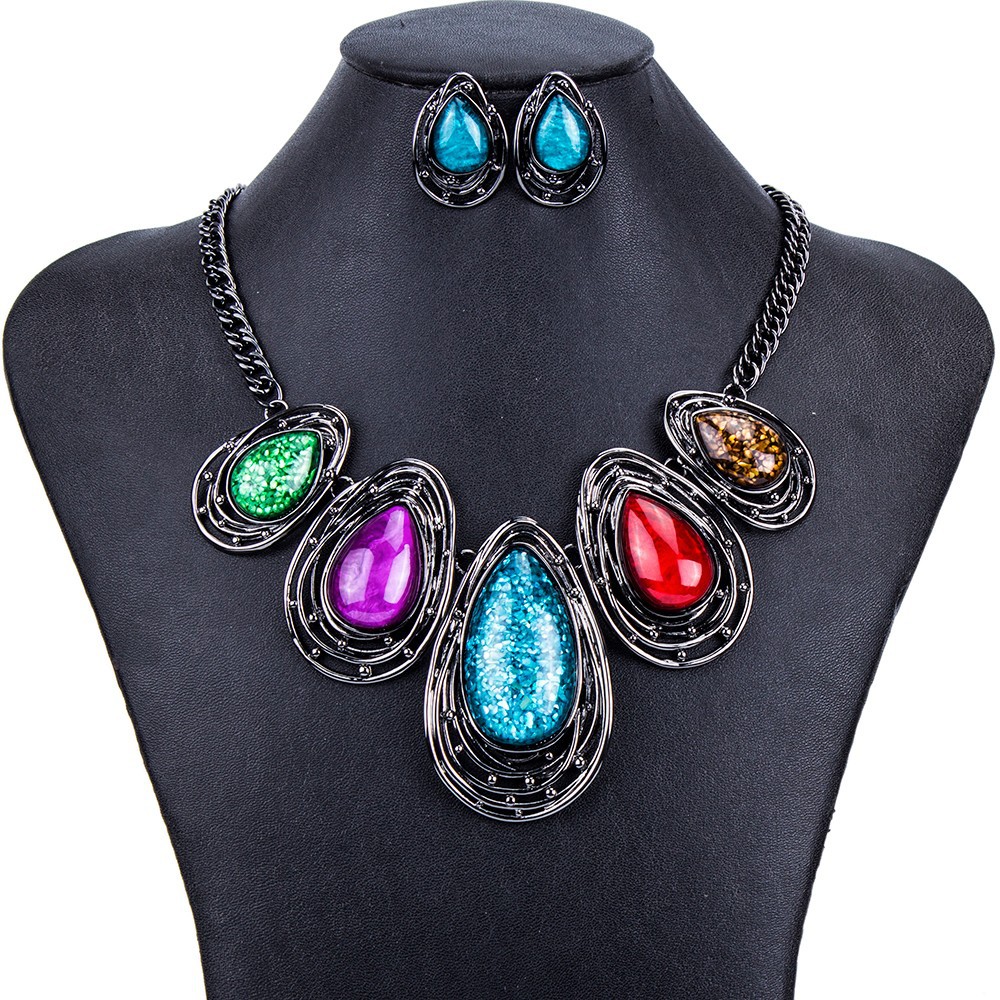 

Classic trendy vintage colorful chunky jewelry sets party bridal fashion necklace and earrings sets for women free shipping, Peacock blue