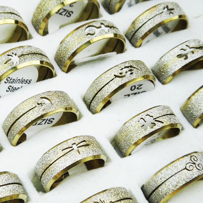 

New 20 Pcs Wholesale Jewelry Lot Stainless Steel Golden Wire Drawing Rings Free Shipping Mix Shape
