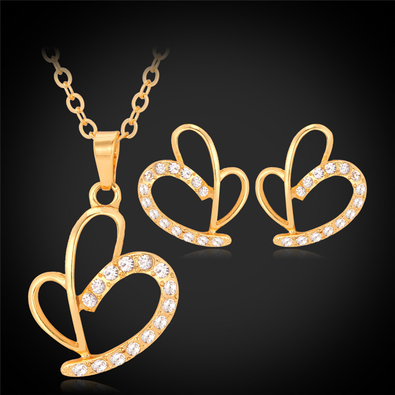 New Hearts Pendant Choker Necklace Earrings Jewelry Sets, Rhinestone High Quality 18K Gold Plated Stud Earrings For Women-image-167137143