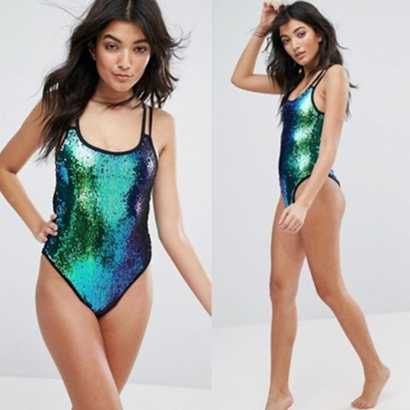 

Sexy Sequined One Piece Swimsuit Women Swimwear 2018 Bling Bling Sequin Monokini High Cut Out Bathing Suits Swimwear Beach Wear, As pic