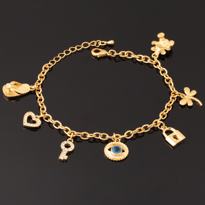 18K Real Gold Plated Evil Eyes Cute Bracelet Key Lock Bear Hearts High Quality Bangles For Girls Jewelry Wholesale YH5184-image-184112801