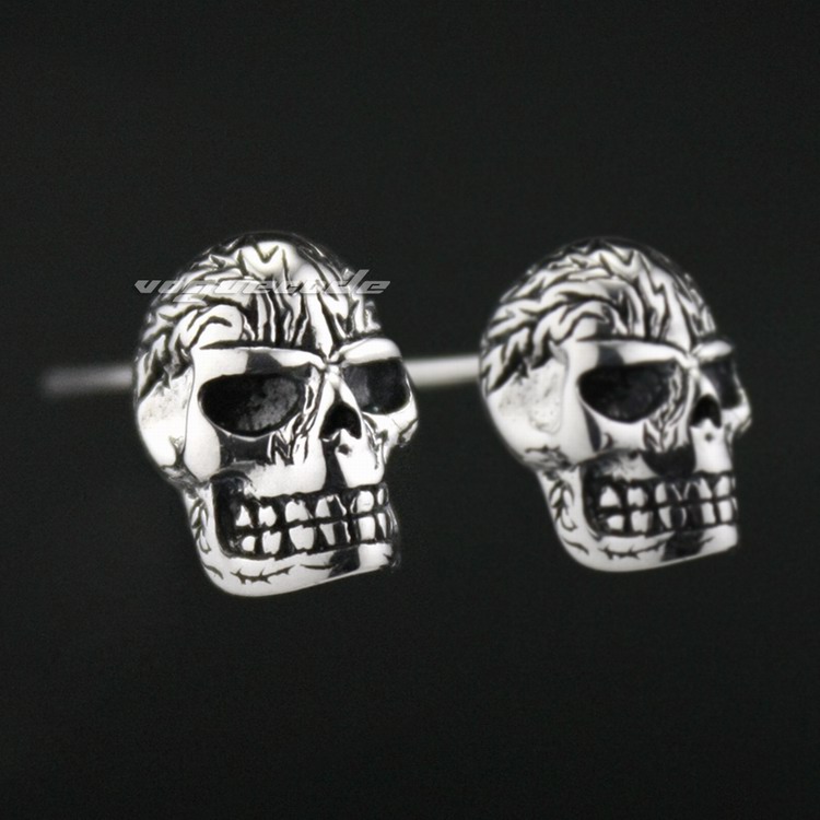 

925 Sterling Silver Fire Skull Mens Biker Rocker Earring 8M008