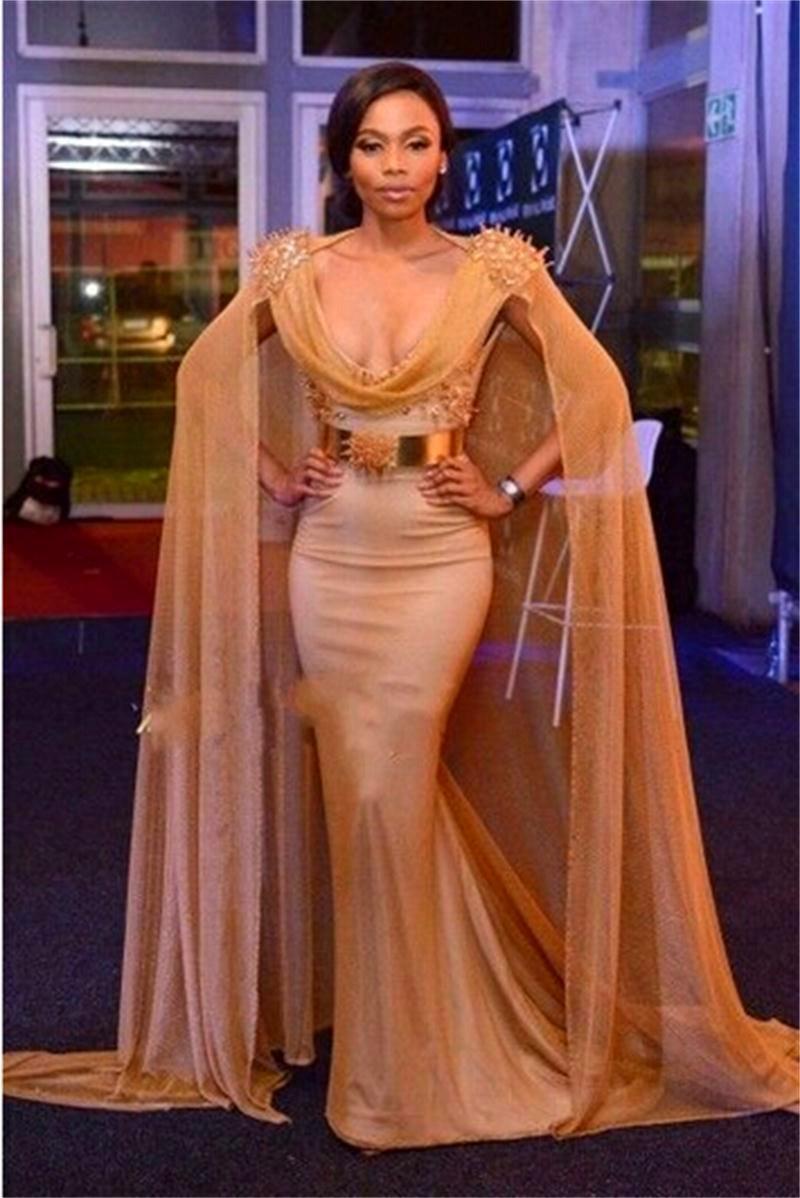 

Hot! Gorgeous Mermaid Evening Dresses with Long Cloak 2016 Sexy Mermaid Prom Dress with Long Wrap V Neck Gold Belt Party Dress Sweep Train, Light yellow