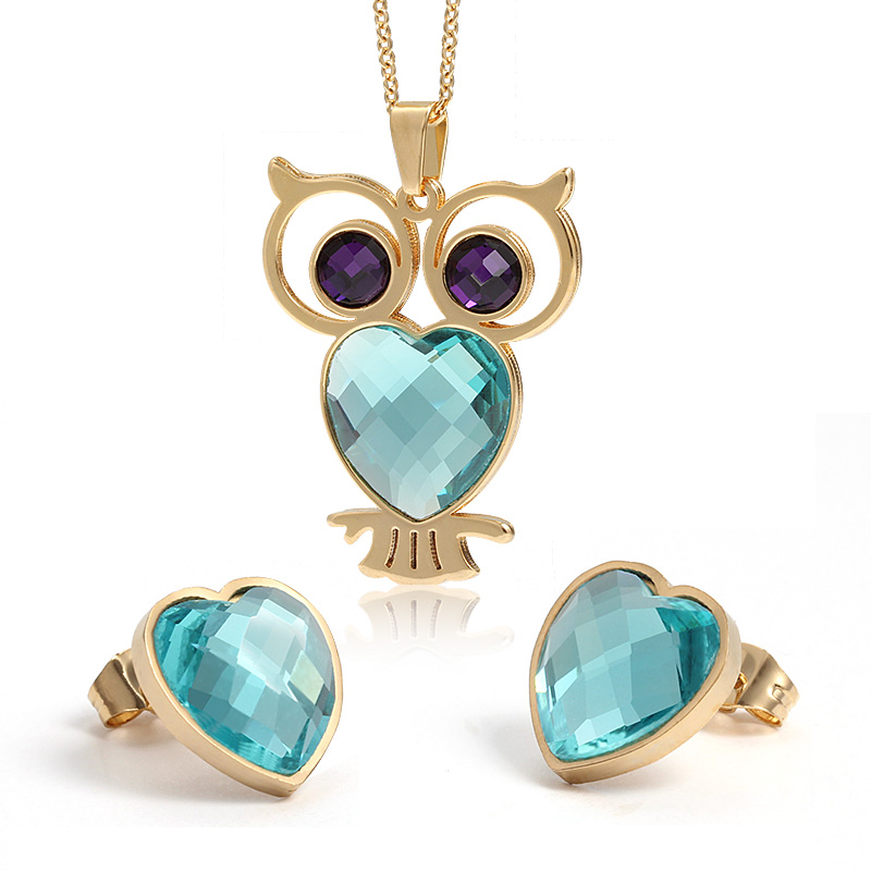 

New Arrival Pop Style One Set Gold Stainless Steel Deep purple Blue opals stone vivid owl Necklace Pendant & Hearts Earring, Mixed colors