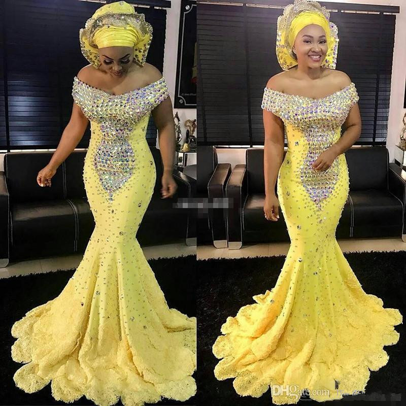 New Yellow Women Formal Evening Dresses Mermaid Off the Shoulder Luxury Colorful Beading Lace 2020 Plus Size Formal Party Prom Gowns 462