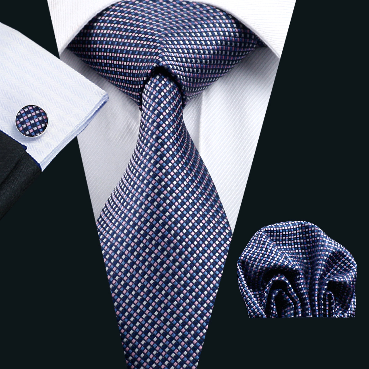 

Blue Silk Tie for Men Pocket Square Cufflinks Set Check Pattern Mens Jacquard Woven Business Formal Necktie 8.5cm Width Casual Set N-0660, Black;blue