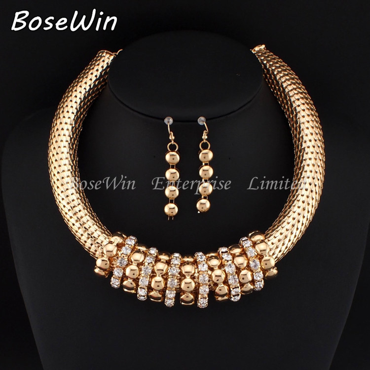 

New Women Short Design Accessories Chunky Chain Bib Rhinestones Circle Statement Necklaces Earrings Charm Jewelry Sets CE2773, Silver