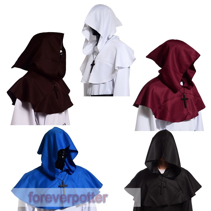

Medieval Hooded Hat Wicca Pagan Cowl with Cross Necklace Medieval Cosplay Accessory 5 Colors Halloween Gifts, Blue