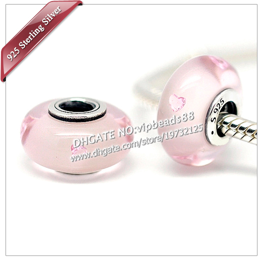 

S925 Sterling Silver Fashion jewelry Pink heart effervescence Murano Glass Beads Fit European DIY pandora Charm Bracelets & Necklace, Black