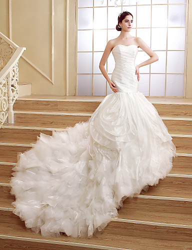 

2016 Best Sale Fashion Custom Made Trumpet/Mermaid White Court Train Ruched Lace Up Sweetheart Organza Wedding Dresses 210, Same as image