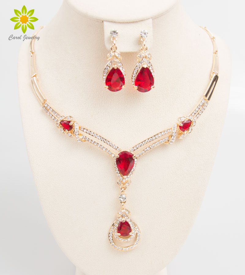 

Wedding Bridal Dress Accessories African Beads Jewelry Sets Zircon Beads 18K Gold Plated Holiday Party Necklace Earrings Set, Red