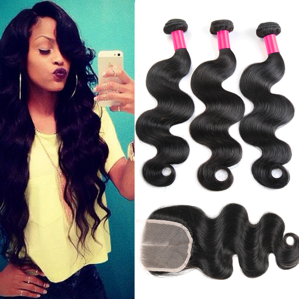 

7A Top Hair Lace Closure With 3Bundles Remy Braziian Hair Body Wave Virgin Malaysian Hair Top Closures(4x4) Bestbeautyhair Human Hair, Natural color