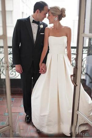 

Simple Satin A Line Wedding Dresses Country Outdoor Strapless Sleeveless Cheap Bridal Wedding Gowns Sexy Backless, Gold