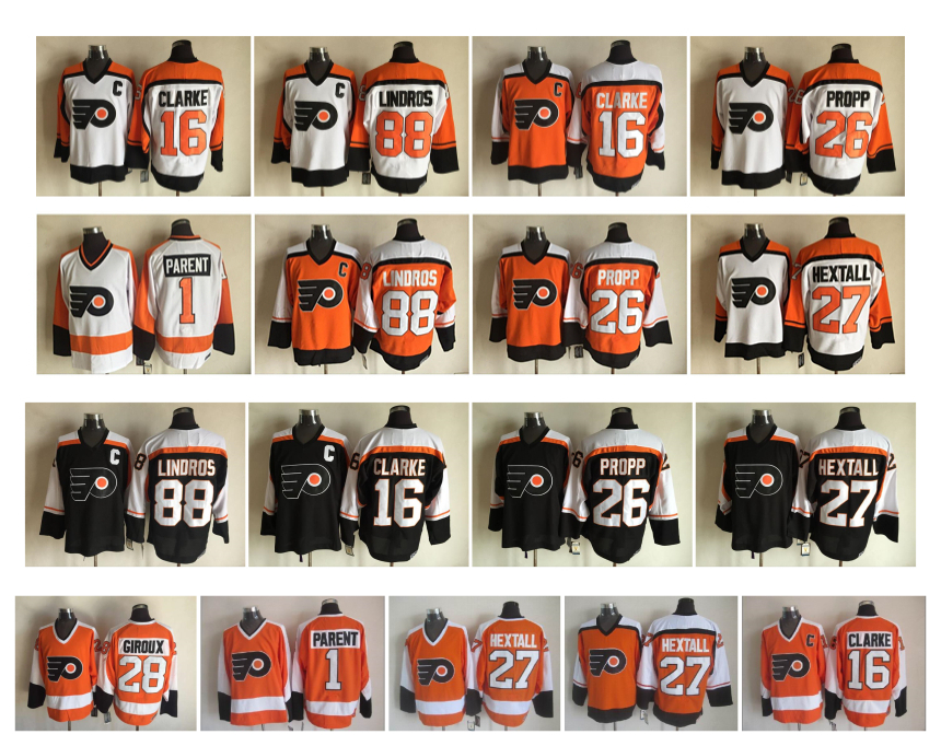 

Retro Philadelphia Flyers Hockey Jersey 16 Bobby Clarke 88 Eric Lindros 27 Ron Hextall 1Parent 26 Propp Vintage CCM Authentic Jerseys, As pic