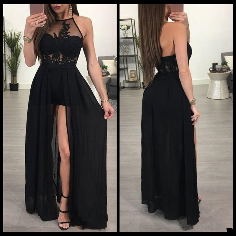 

Elegant Chiffon black evening dresses backless A line Sexy halter illusion bodice front slit cheap formal evening prom party gowns, Burgundy