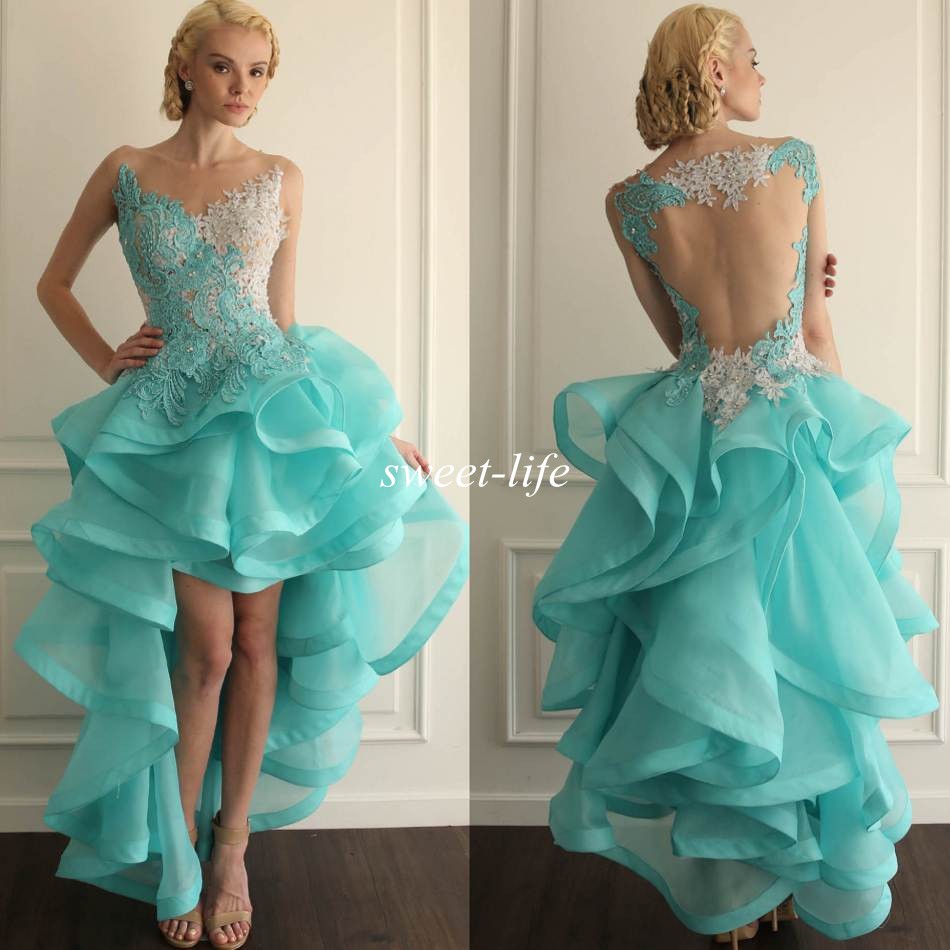 

High Low Maxi Dress Homecoming Dresses Sexy Mint Organza Lace Backless Short Front Long Back Party Prom Gown Cocktail, Blue;pink