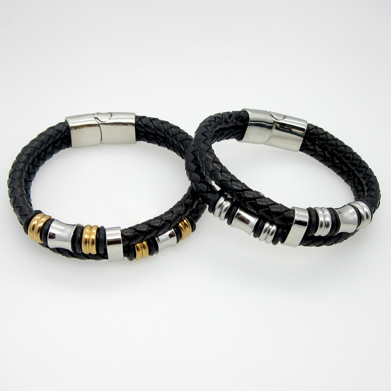 

Two-tone Black Genuine Leather With Stainless Steel Mens Chain Bracelet Bangle 8.26 inch