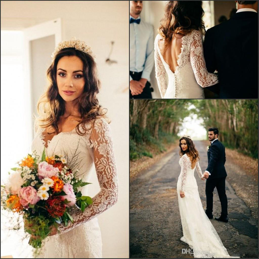 

New Sheer Long Sleeves Mermaid Lace Top Wedding Dresses V-Neck Tulle Applique Court Train With Buttons Back White Wedding Dresses