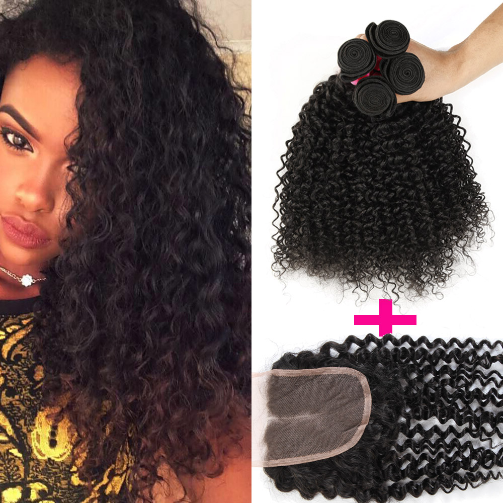 

8A Top Quality Brazilian Kinky Curly Virgin Hair 3 Bundles With 1 Lace Closure Brazilian Peruvian Malaysian Mongolian Curly Virgin Hair, Natural color