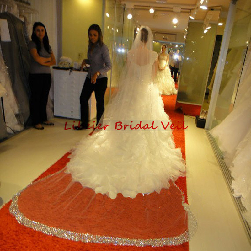 

New Free Shipping Crystal Blings Sparklings Edge Long Cathedral Wedding Veil Bridal Mantilla 3 Meters One Tier Rhinestone With Comb Cut edge, White