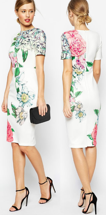 

Fashion Flower Print Women Sheath Dress Short Sleeve OL Office Lady Dresses 1572, White