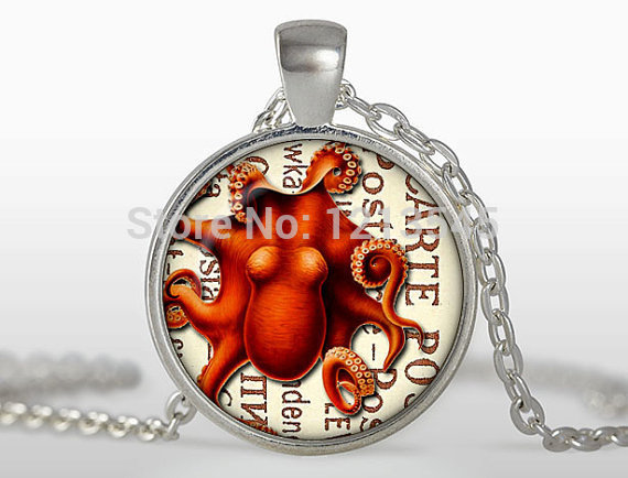 Steampunk red octopus pendant Silverplated round glass dome necklace charm art photo necklace for women jewelry n320-image-254010230