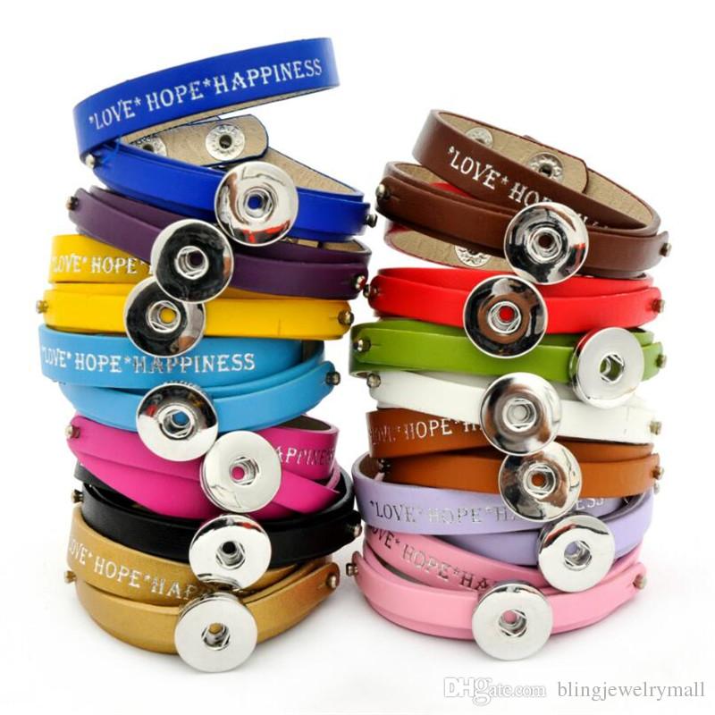 

Colors Love Hope Happiness Diy Double Layer 18mm Metal Snap Bracelet Watches Women Men Leather Button Bracelets SZ0334