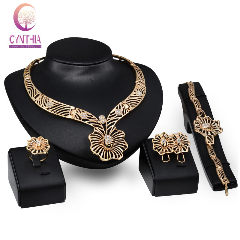 Fashion Women 18K Gold Plated Crystal Flower Africa Dubai Wedding Party Necklace Bracelet Earring Ring Jewelry Set