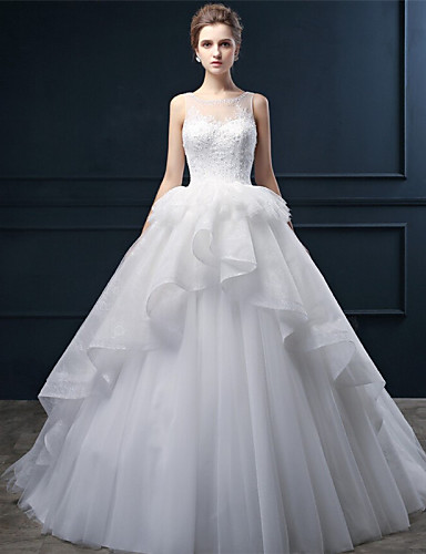 

2016 New Hot Fashion Free Shipping Elegant Ball Gown Ivory Court Train Scoop Beading Lace / Tulle Modern Wedding Dresses 227, Same as image