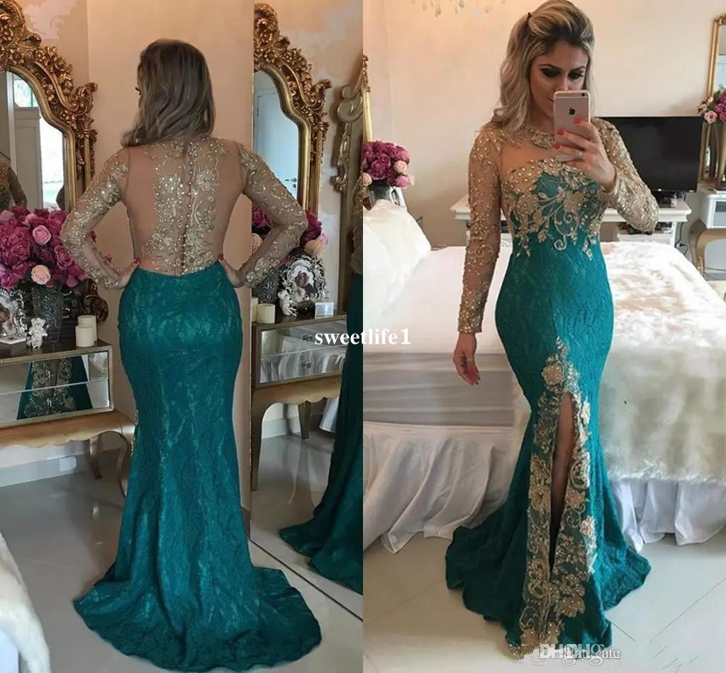 

2019 Vintage Lace Mermaid Prom Dresses Long Sleeve Gold Lace Applique Sexy Transparent Back Side Split Party Wear Formal Evening Gowns, Same as picture