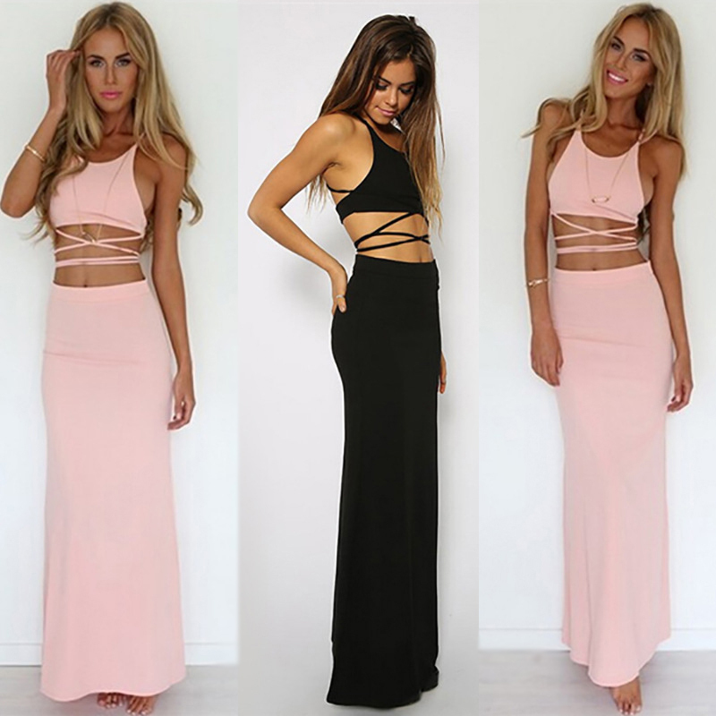 

Wholesale-2015 Women Summer Strap Two Piece Outfits Bandage Bodycon Dress Celebrity Sexy Clubwear Split Maxi Club Dresses Sexy vestidos, Black