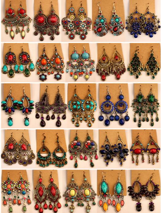 

hot sales Vintage Tibetan Silver/Bronze Resin Gem diamond earrings Bohemia style jewelry mixed 25 style 25Pairs/lot