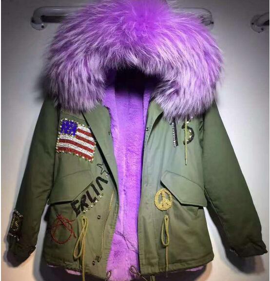 

Lavender fur trim Meifeng brand rabbit fur lining army green mini parka USA Flag Beading furs cold snow jackets Rivet with raccoon fur