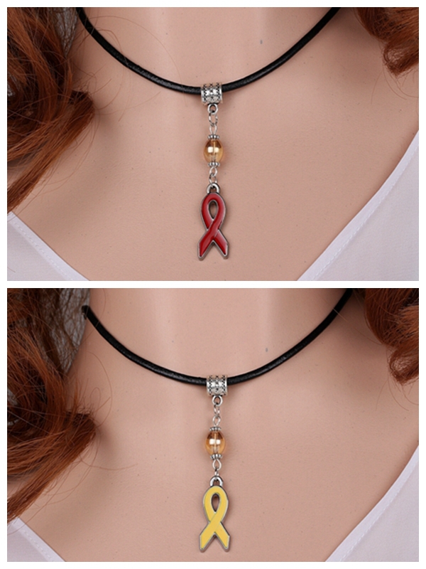 

Enamel Pink& Yellow Ribbon Charm Vintage Silver Choker Leather Collar Necklaces&Pendants For Women Dress Gift DIY Jewelry S335