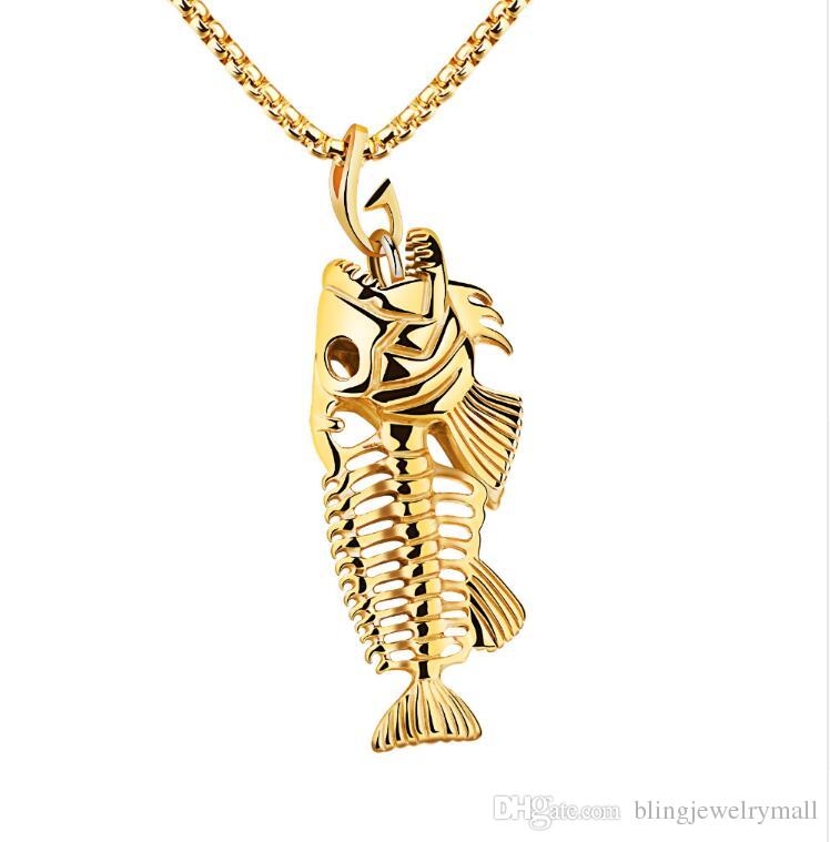 

Fish Bone & Fishing Hook Pendant Necklaces Punk Style Men 316L Steel Link Chain 3 Colors Personality Jewelry GX1073